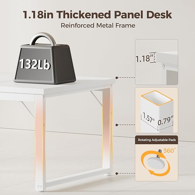 Mericonia 63 Inch Large Computer Desk with Power Outlets, 1.2" Thick Heavy Duty Industrial Office Desk, Modern Simple Study Writing Table for Home Office Bedroom Workstation, White