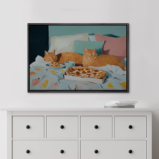 MUDECOR Framed Canvas Print Wall Art Vibrant Cat and Pizza Illustrations Minimalism Decorative Relax Colorful for Living Room, Bedroom, Office - 24"x36" BLACK
