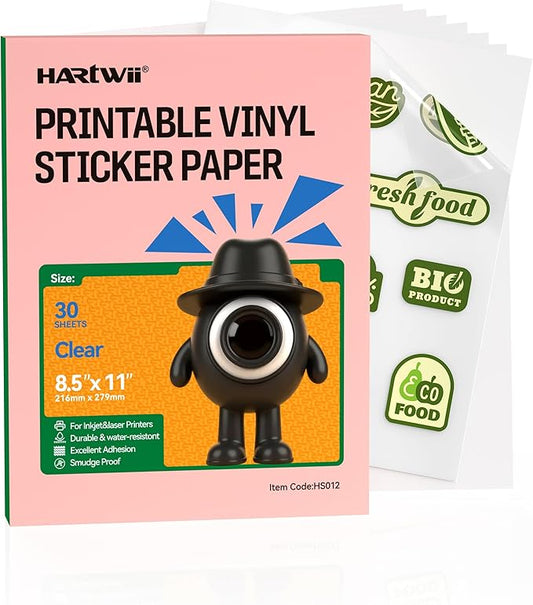 100% Clear Vinyl Sticker Paper 30 Pack, 8.5x11 Inches Transparent Printable Sticker Sheets for Inkjet Printer, Quick Drying, Vivid Colors, Tear Resistant – Ideal for Crafts & Cutting Machines
