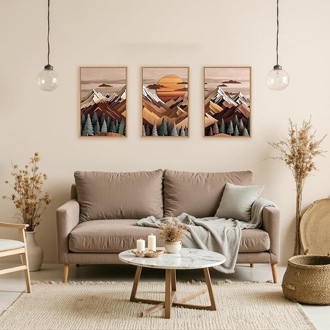 KAIRNE Mountain Framed Canvas Wall Art Set, Mountain Themed Wall Decor, Wooden Pine Tree Scene Wall Painting, Vintage Forest Landscape Art Prints for Living Room, Bedroom, Office 16"x24"x3