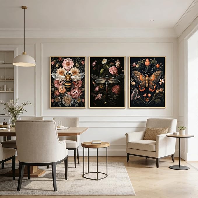 3pcs Dark Floral Wall Art Vintage Butterfly Dragonfly Bee Painting Picturts Wall Decor Gothic Dark Academia Aesthetic Posters Print Artwork for Bedroom Living Room Home Decoration 12x16in Unframed