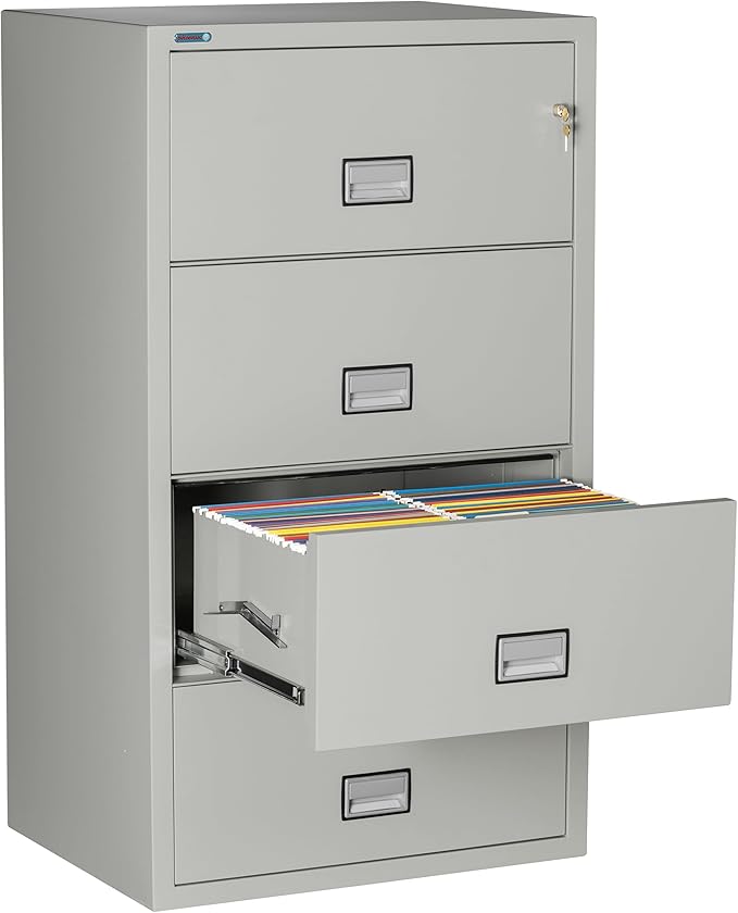 31 inch Wide 4-Drawer Lateral Fireproof File Cabinet – Legal and Letter Size Filing – Key Lock – Water Resistant – Fire Safe and Impact Rated – Light Gray Finish – Model LAT4W31LG