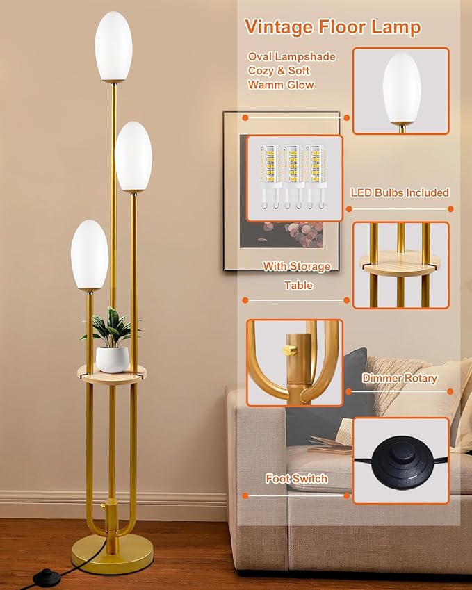 Gold Dimmable Floor Lamp with Table, Unique Candle Holder Style Tall Standing Lamps with 3000K G9 Bulbs for Reading, Mid Century Modern Floor Lamp for Living Room Bedroom Office