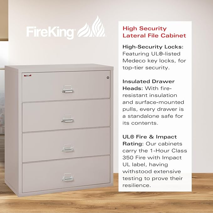 FireKing Fireproof Lateral File Cabinet (4 Drawers, Impact Resistant, Water Resistant), 44" W x 22" D, Platinum, Made in USA