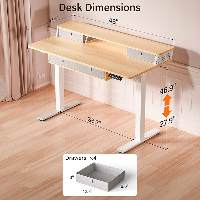 Kingant 48 x 24 Inch Electric Standing Desk with 4 Drawers, Height Adjustable Sit to Stand Computer Desk with Storage Shelf and C-Clamp Mount Compatibility for Home Office, Nature