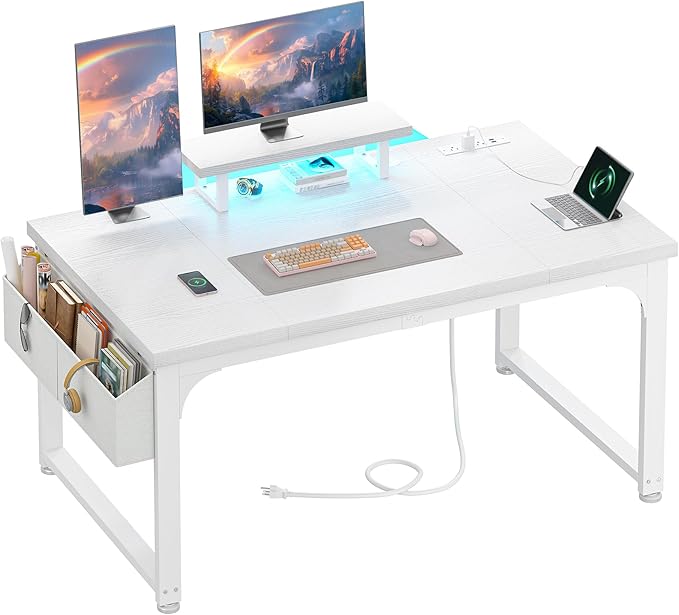 Computer Desk with Monitor Stand & 24mm Thicker Desktop,Gaming Desk with Power Outlets & LED Light,White Writing Desk for Home Office, Study, Bedroom, White