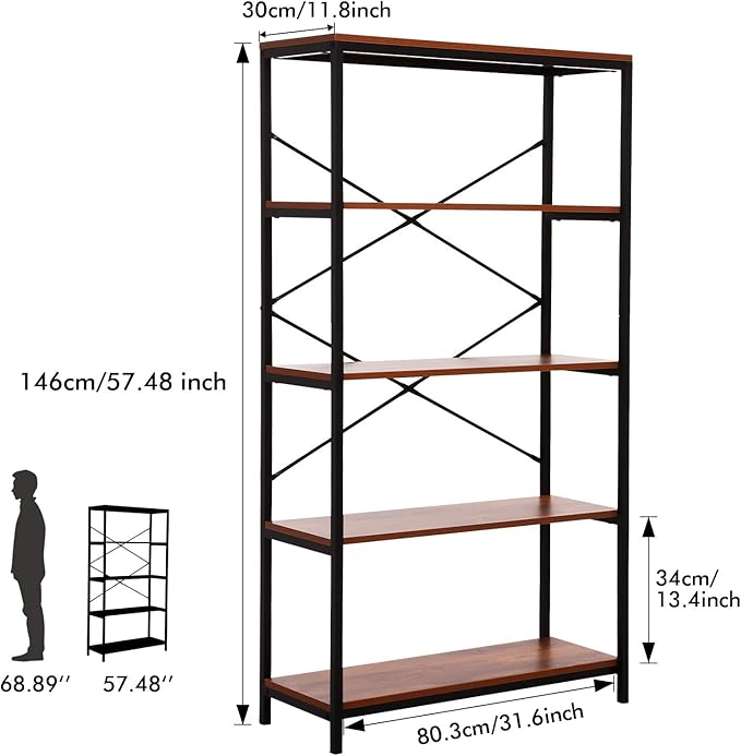 BATHWA Bookshelf, 5-Tier Industrial Bookshelves, Wood and Metal Bookcase, Free Standing Storage Vintage Bookshelf for Living Room, Bedroom and Home Office, Rustic Brown