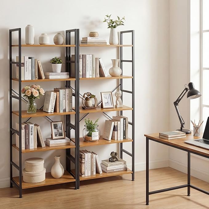 5 Tier Bookshelf, Free Standing Wooden Bookcase with Open Storage Shelves with Metal Frame, Sturdy Shelf Organization Display Rack for Living Room, Bedroom, Home Office, 62.2" Tall, Wood