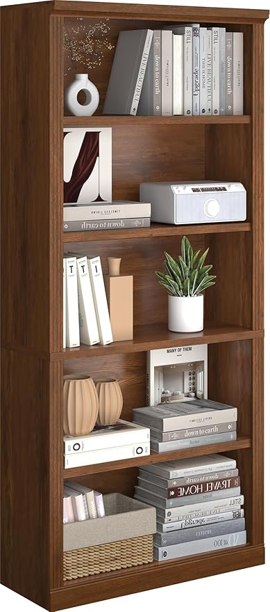 5-Tier Bookshelf Basic Book Case, Wooden Storage Shelves Rustic Bookshelf, D:12.8" x W: 30.7" x H: 68.4", Sturdy Display Cabinet for Living Room, Library, Office, Bedroom, Classic Oak