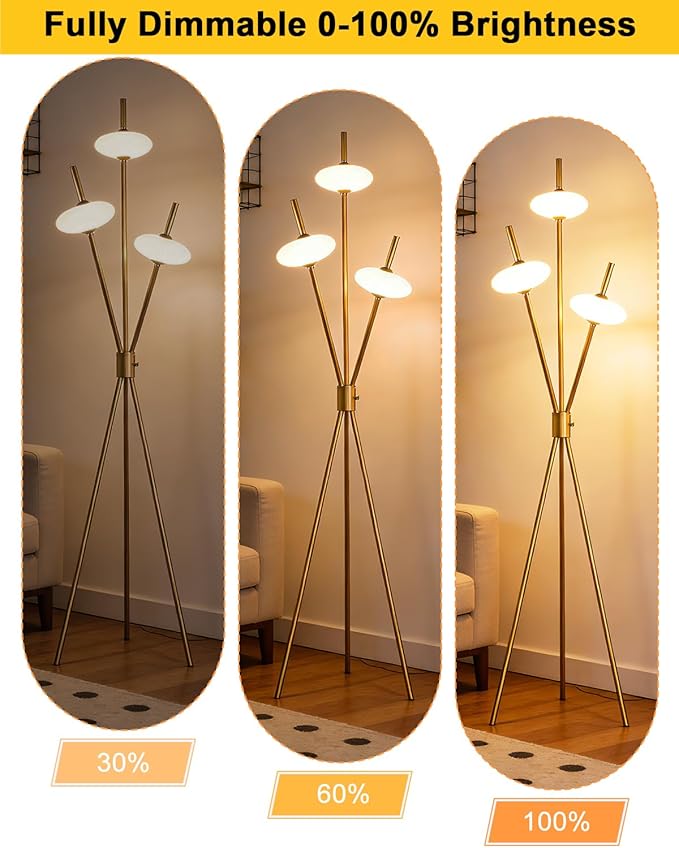 Lightdot Tripod Floor Lamp Stepless Dimmable Gold Standing Tall Lamps with 3PCS Elliptical Lampshades Mid Century Modern Floor Lamps for Living Room/Bedroom/Sofa Beside/Corner Decor