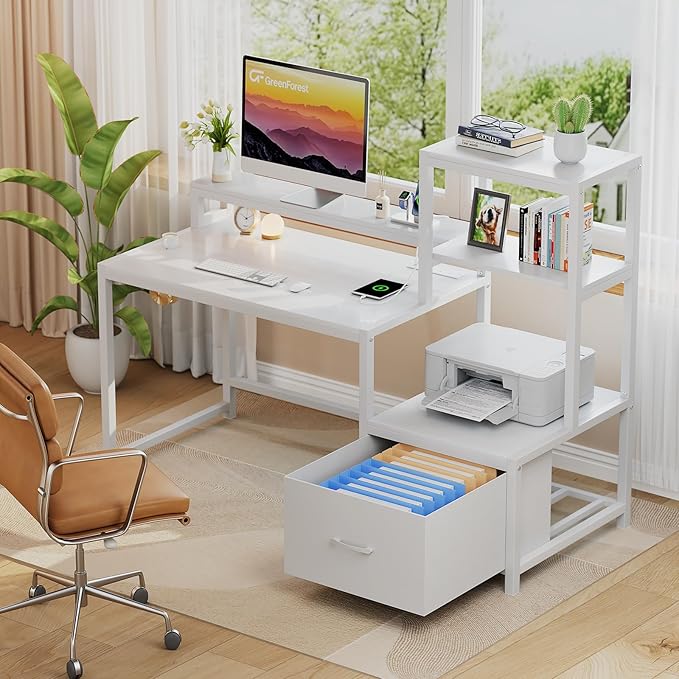 GreenForest Computer Desk with Drawers and Monitor Stand, Home Office Desk with Storage Shelves, Small Gaming Desk with Power Outlets and LED Lights for Study Writing Working, 51 inch White