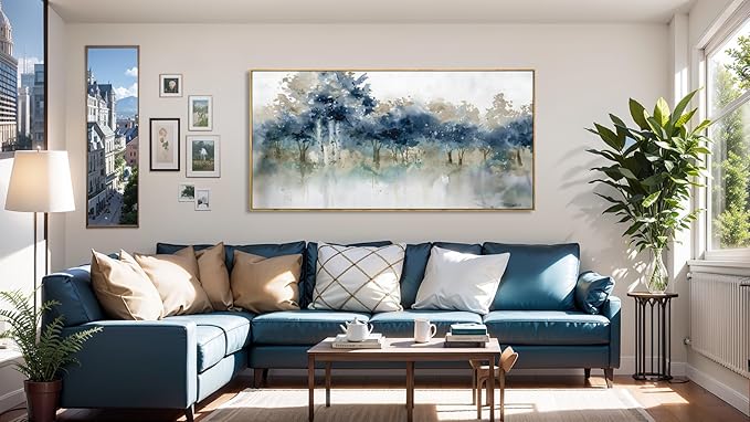 Wall Art Landscape Modern Wall Decor Canvas Painting Blue Ink Wall Art Large Artwork for Living Room Bedroom Office Home Decor 24"x48" with Framed