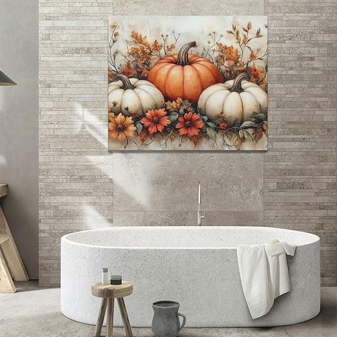 Fall Pumpkin Wall Art Autumn Leaf Pictures Wall Decor Maple Leaves Canvas Painting Modern Artwork Home Decoration for Living Room Bathroom Bedroom Office Framed 24"x16"