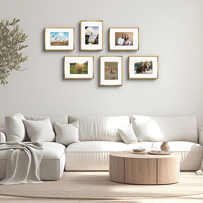 Golden State Art, Gallery Wall Frame Set of 6 - Bronze 9x12 Aluminum Photo Frames with Mat for 6x8 Pictures - 9 x 12 inch Metal Frame with Real Glass Cover - Elegant Home or Office Decor