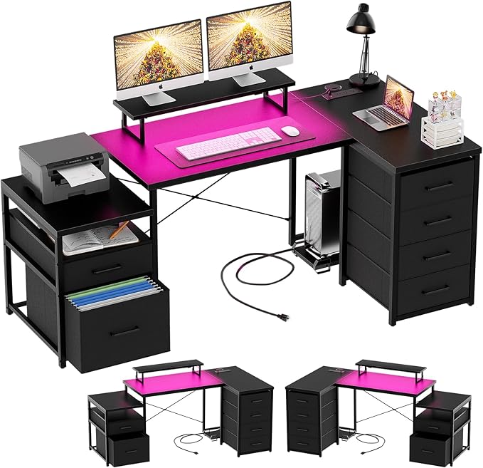 Unikito Reversible L Shaped Computer Desk with Fabric File Drawers, 70.8" Large Office Corner Desk with RGB LED Lights & Power Outlets & Monitor Stand & CPU Stand, Sturdy L Shape Gaming Desk, Black