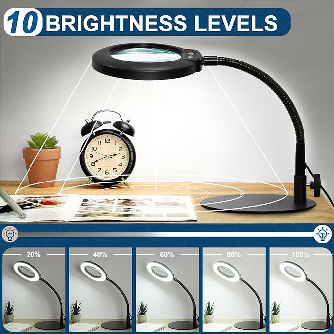 10X Magnifying Glass with Light, Real Glass Lens, 5 Color Modes Dimmable, Flexible Gooseneck Lighted Magnifier with Stand, LED Desk Lamp Hands Free for Crafts Painting Sewing Reading Close Work
