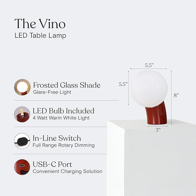 Brightech Vino LED Table Lamp - Small 8" Modern Dimmable Metal Lamp with USB-C Charging, Frosted Glass Globe Shade - Warm White Accent Light for Bedroom, Living Room, Bedside, Nightstand - Red