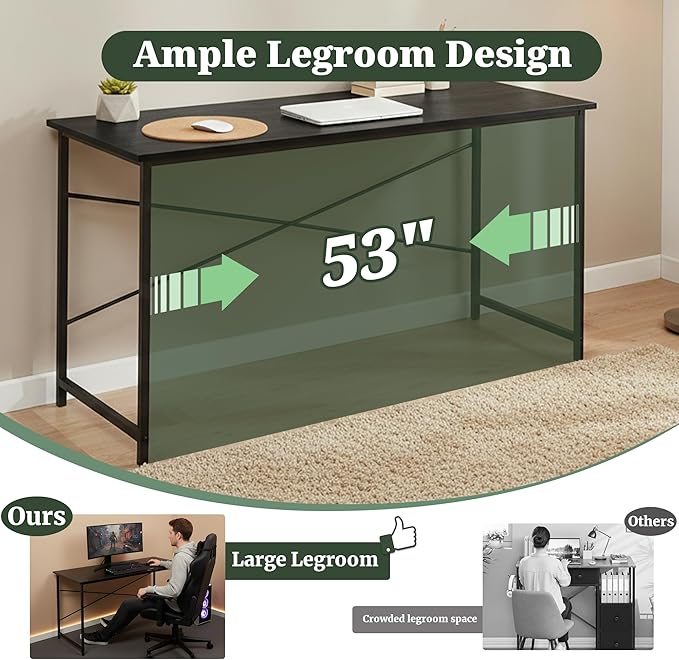 Computer Desk 55 Inch, Simple Home Office Desk Study Writing Table, Sturdy Metal Frame, Scratch-Resistant MDF Desktop for Bedroom Dorm Workspace, Black