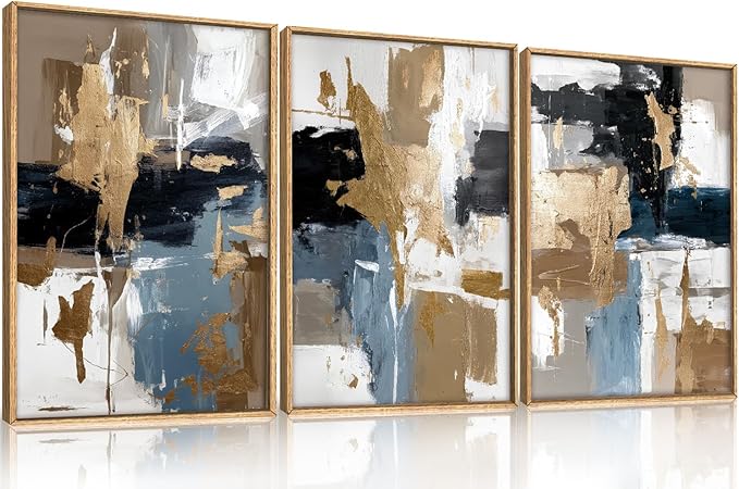 KAIRNE Blue Abstract Neutral Wall Art Set of 3, Modern Minimalist Framed Canvas Art, Textured Watercolor Wall Decor,Gold, Brown, Gray Tan, Black for Living Room, Bedroom, Office 16x24 Inch