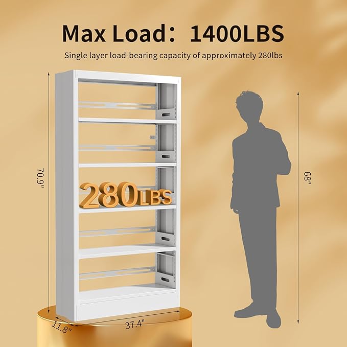 70.9" H Metal Bookshelf, Adjustable Bookcase, 5-Tier Heavy Duty Bookshelf with Bookend, Tall Bookshelves, Bookcase Shelf for Living Room, Office, Library,Classroom (White-37.4W)