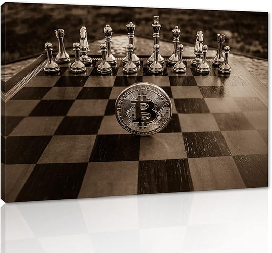 Golden Chess and Bitcoin Canvas Wall Art Motivational Life Quote Game Bitcoin Wall Art Poster Canvas Posters and Prints Pictures Chess Office Wall Decor, Framed 36x24 inch