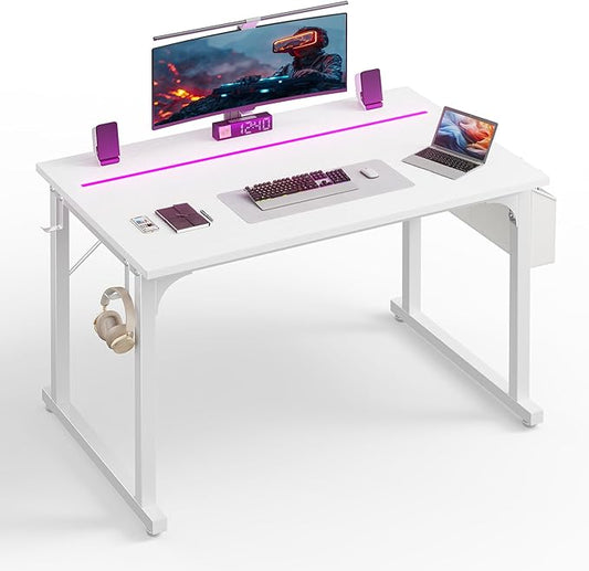 40 Inch White Computer Desk with LED Lights for Small Spaces, Office Desk for Home Office, Gaming with Headphone Hook,Study Desk Writing Table Storage Bag,Sturdy Metal Frame
