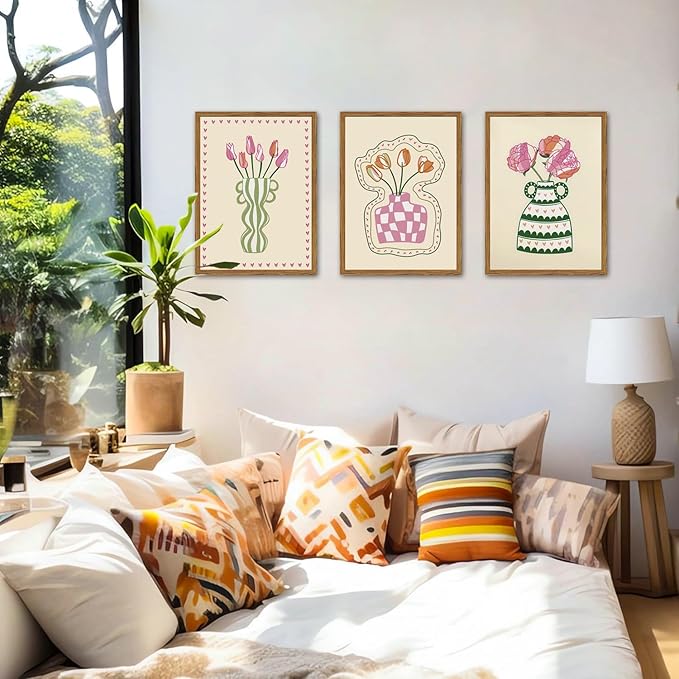 Framed Boho Floral Canvas Wall Art Set of 3, Pink Tulip Flower Paintings Wall Decor, Abstract Botanical Pictures Prints Minimalist Home Decor Aesthetic for Living Room Bedroom Office 16×24 inch