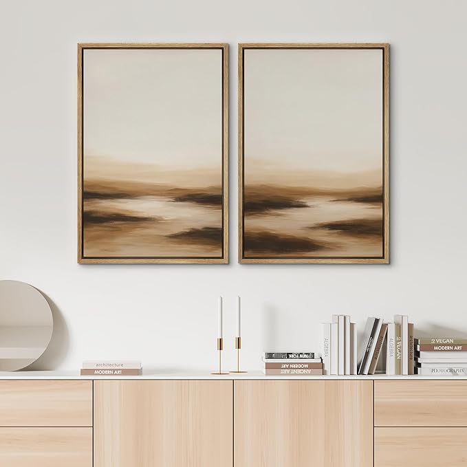 SIGNWIN Framed Canvas Print Wall Art Set Warm Brown Abstract Horizon Neutral Minimalist Landscape Illustrations Modern Art Decorative Multicolor for Living Room, Bedroom, Office - 16"x24"x2 Natural