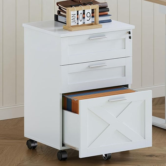 3-Drawer Rolling File Cabinet with Lock - Wooden Mobile Filing Cabinet for Home Office, Under Desk Storage Organizer fits Letter/A4/Legal Size, Sturdy Printer Stand with Locking Casters, White