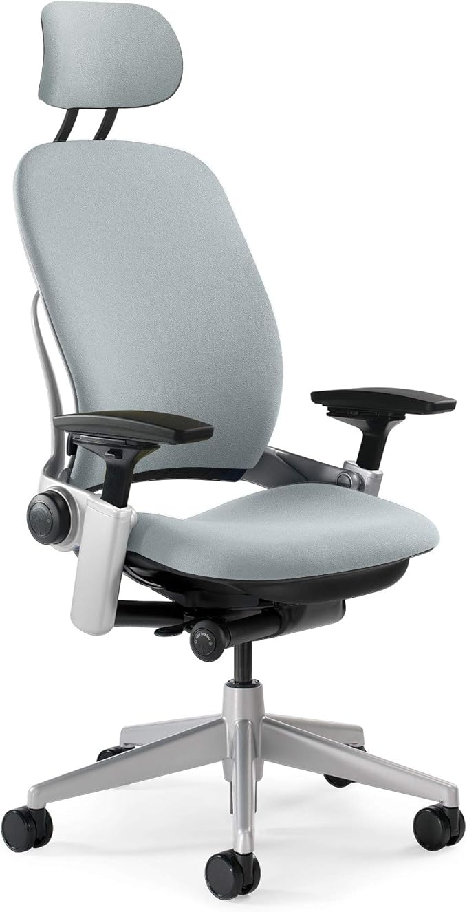 Steelcase Leap Task Chair: Platinum Base - 4D Adjustable Arms - Headrest - Hard Floor Casters