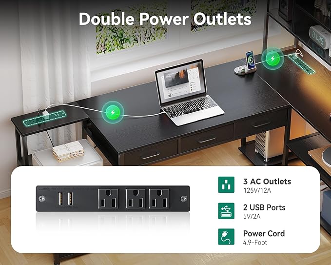 AODK 71 inch L Shaped Desk with 5 Drawers, Reversible L Shaped Gaming Desk with LED Light & 2 Power Outlets, Computer Desk with Storage Shelves for Home Office, Black