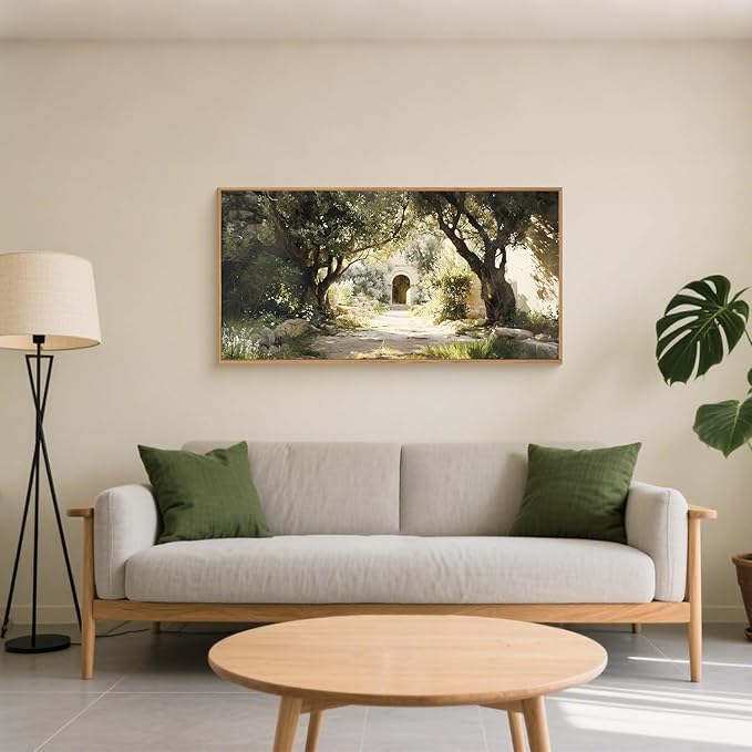 Ausril Garden of Gethsemane Landscape Framed Canvas Wall Art, Jerusalem Town Villages Scenery Prints, Jesus Boho Religious Decor, Christian Bible Art Painting for Bedroom Living Room Office 20"x40"