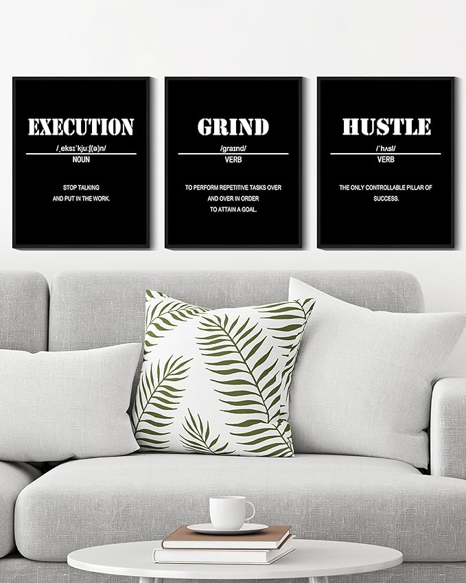 Drsoum Inspirational Office Framed Wall Art Motivational Grind Hustle Success Canvas Wall Decor Encouraging Quotes Sayings Paintings 3 Pieces Artwork Home Bedroom Easy to Hang 8x10in (Black Framed)