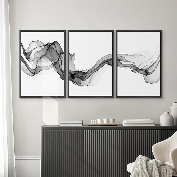 SIGNWIN Framed Canvas Print Wall Art Flowing Gray Smoke Abstract Shapes Digital Art Modern Art Minimalist Relax/Calm Cool for Living Room, Bedroom, Office - 16"x24"x3 Black
