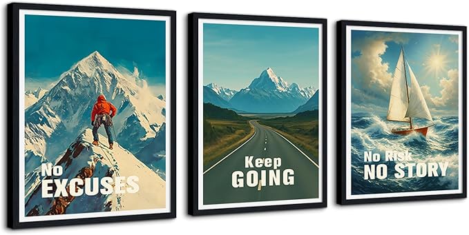 3 Panel Motivational Wall Art - Framed Mountain Road Sailboat Canvas Prints, No Excuses Keep Going No Risk No Story Inspirational Quotes Poster Modern Office Wall Decor, Ready to Hang 12"x16"x3