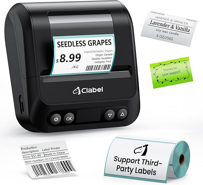 CLABEL 320B Label Maker 3 Inch Bluetooth Barcode Printer Thermal Label Printer Compatible for Small Business,Address, Office, 1 Roll 70x40mm Label