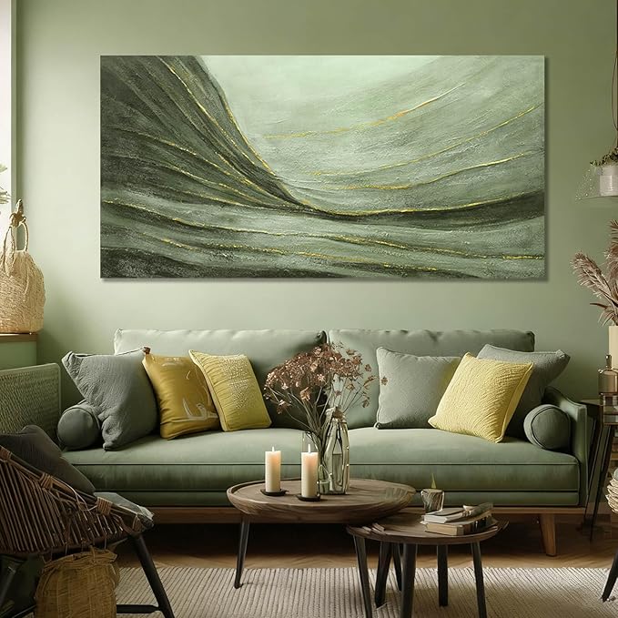 MLART99 Large Green and Gold Abstract Canvas Wall Art 24x48 Inch Modern Minimalist Painting for Living Room Bedroom Office Above Couch Wall Decoration Home Décor