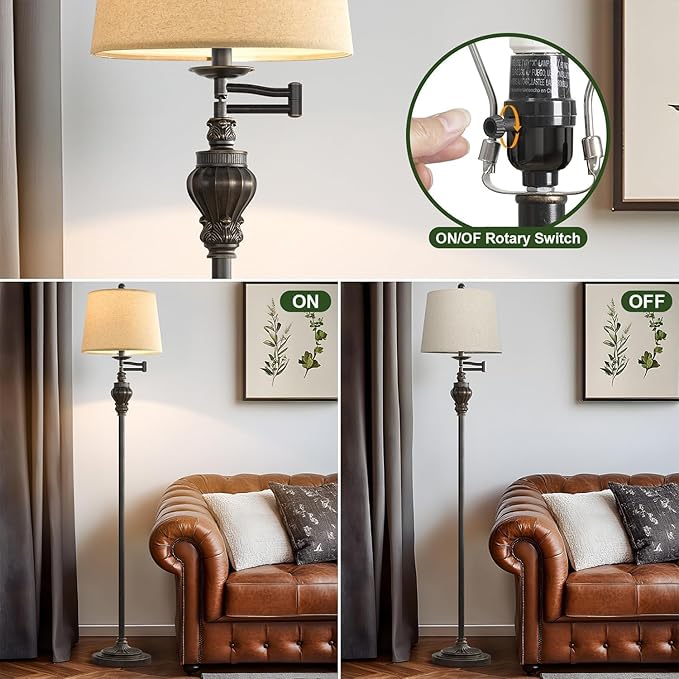 61" Vintage Floor Lamp with 350° Adjustable Swing Arm, Standing Lamp for Bedroom Living Room Bedside Nightstand Retro Farmhouse Mid Century Lamp Light Home Décor Office Gifts