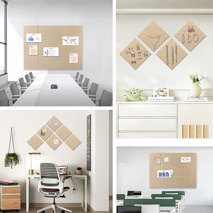 Large Cork Board for Office Wall Decor,36"x24"-6 Pack Felt Wall Tiles with Safe Removable Adhesive Tabs, 1/2" Thick, Felt Bulletin Board Pin Board Cork Boards for Walls - Tan