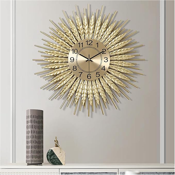 Wall Clock Large Wall Clock, Silent Non Ticking Quartz Decor Wall Clocks, Modern Sunburst 3D Metal Wall Watches for Bedroom Living Room Office,Gold,60CM Clock (A 70CM)