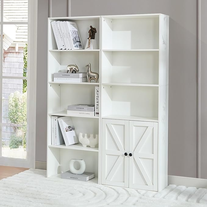 White 5-Tier Bookshelves for Living Room, Farmhouse Tall Bookcase with Doors, Wooden Bookshelf with Storage Cabinet and Shelves for Living Room, Home Office