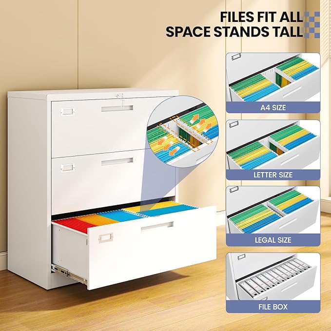 Metal 3 Drawer Lateral File Cabinet with Lock, Wide&Deep Filing Cabinet for Letter/Legal/F4/A4 Hanging Files, Includes Business Card Holder, Home Office School Storage