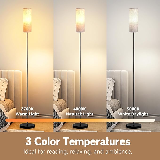 68" Modern Floor Lamp with 3 Color Temperatures, Foot Switch, Linen Shade & Black Metal Pole – Tall Standing Lamp for Living Room, Bedroom, or Office – LED Bulb Included, Easy Assembly (Beige)