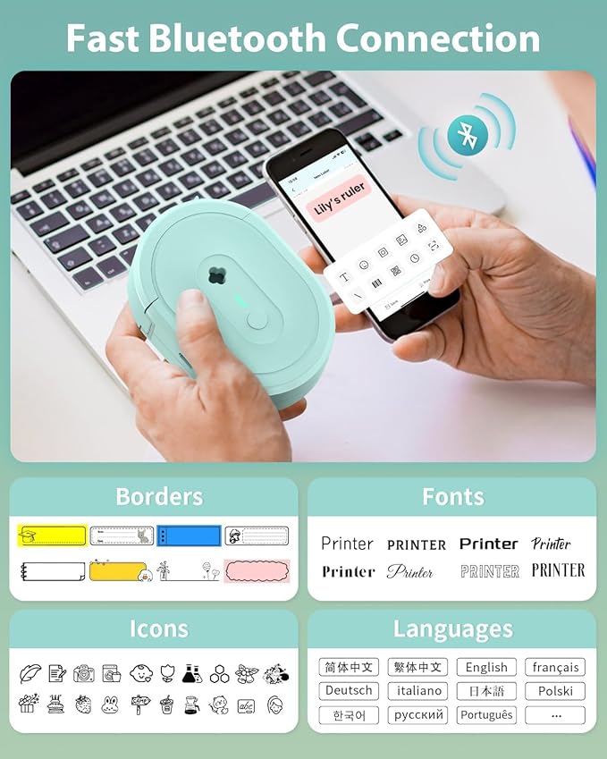 Mini Label Maker, Label Printer, Portable Label Maker Machine, N12 Thermal Printer with Bluetooth, Small Sticker Printer for Small Business, Kitchen, School, Office Organization(Green)