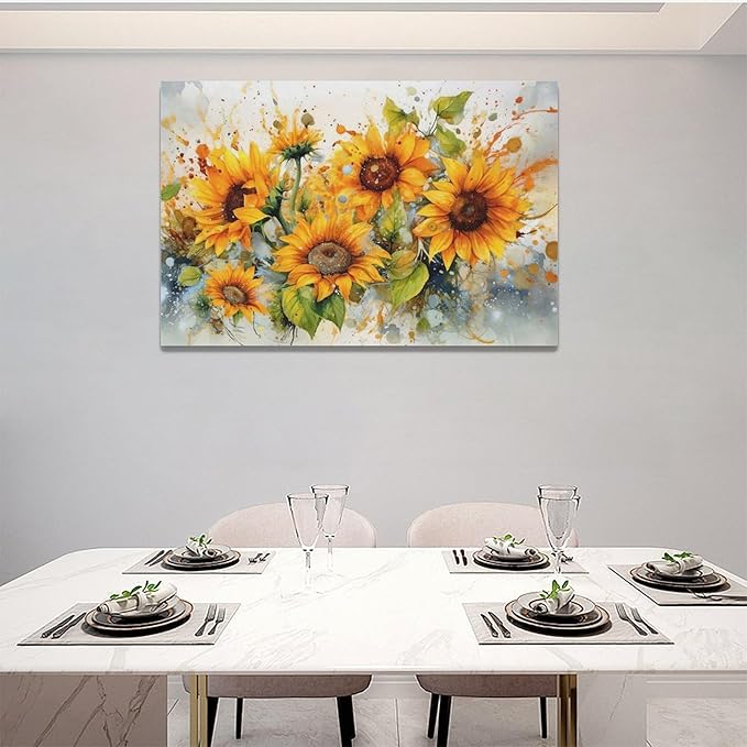 yerretin Sunflower Wall Art Watercolor Pictures Wall Decor Rustic Sunflower Canvas Farmhouse Print Artwork Home Decorations for Living Room Bedroom Bathroom Office Framed 24"x16"