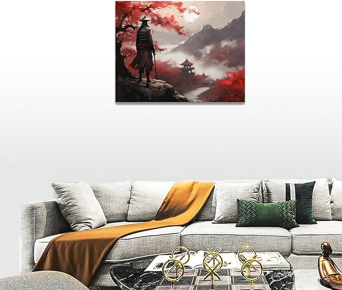 yerretin Japanese Bushido Wall Art Samurai Pictures Wall Decor Ancient Japan Warrior Canvas Landscape Painting Home Decoration Artwork for Bathroom Bedroom Living Room Office Framed 16"x12"