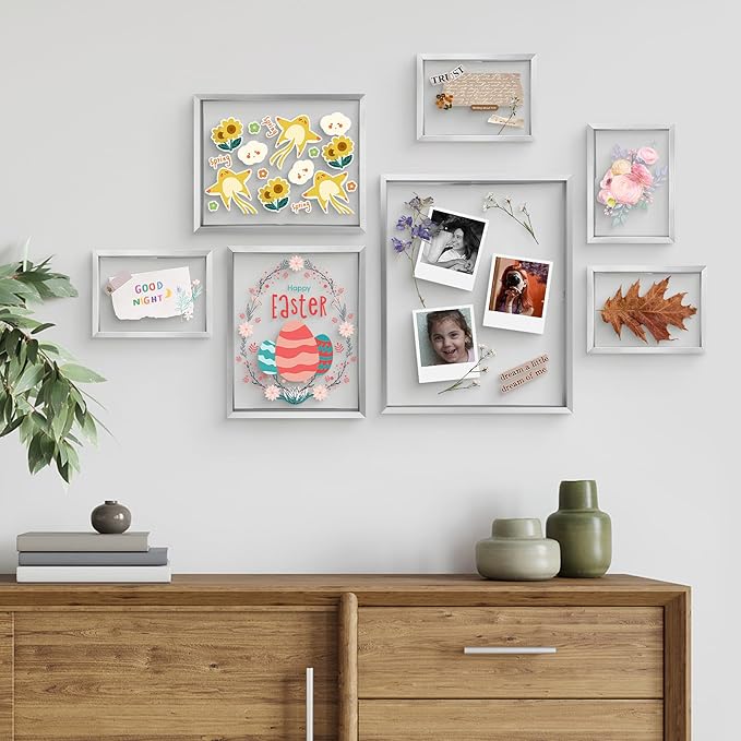 Frametory, Floating Picture Frames Set - Silver Metal Photo Frames - Real Glass - Displays One 11X14, Two 8X10, And Four 5X7 Inch Photos for Home Decoration
