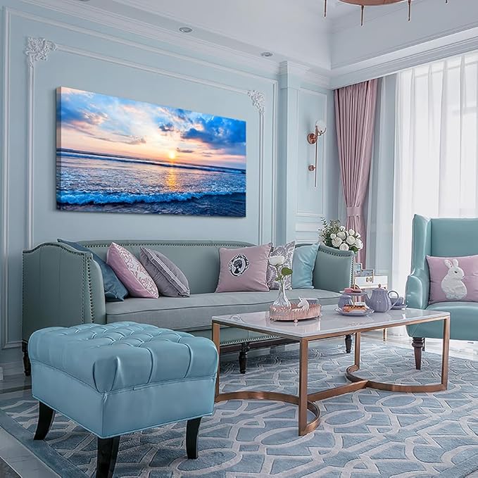 Lapremoly Canvas Wall Art - Large Living Room & Office Decor - Blue Ocean Waves Landscape - Ready To Hang