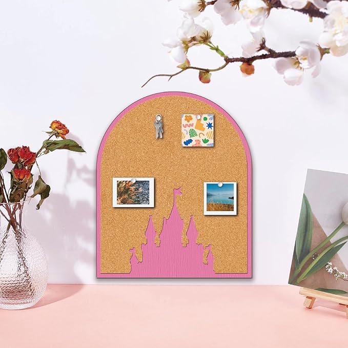 CRASPIRE Pink Castle Pin Cork Board 11.8x9.8In Wall Mounted Framed Bulletin Decorative Corkboard Display Badge Memory Memo Brooch Lapel Pin Holder Storage for Home Office School Classroom Wedding