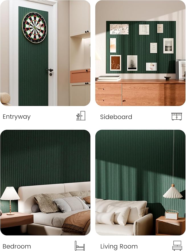 Bumusty Large Cork Board Alternative-48 x 36" Felt Bulletin Board Tiles, with 30 Pushpins, 70 Adhesive Tabs, 12-Pack Slat Wall Paneling, Cork Boards for Office Push Pin Board Felt Board-Pine Green